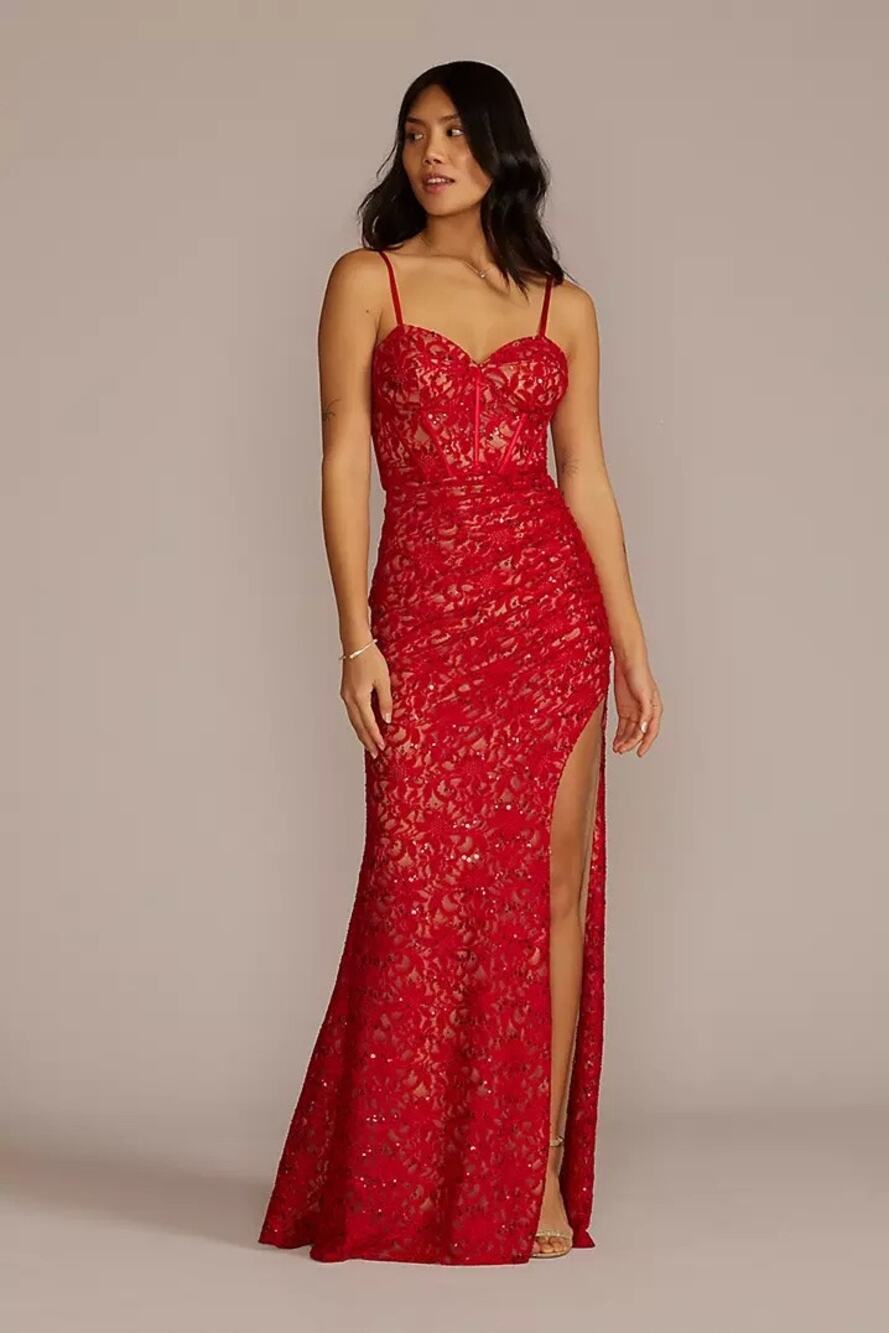 Galina Signature Dress Red Allover Lace Corset Sheath with Side Slit